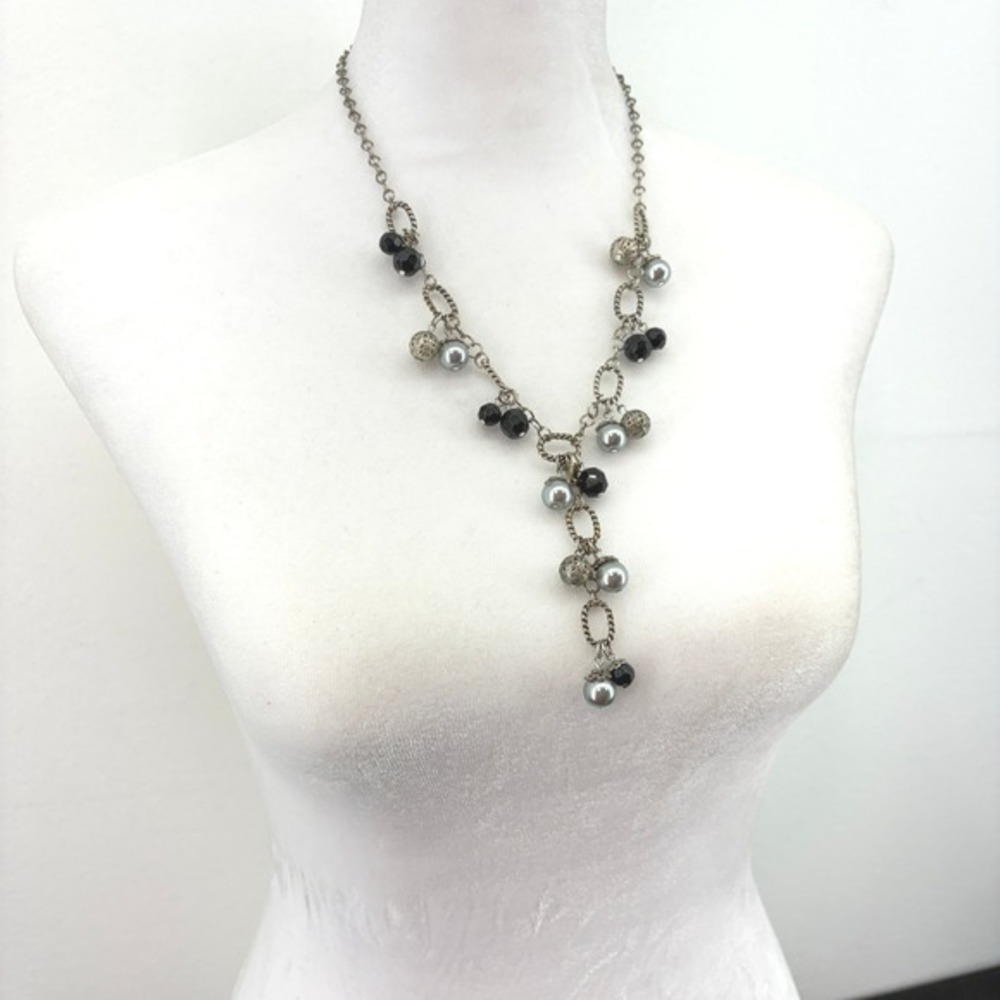 Silver Tone Y Necklace Black Gray‎ Pearl Cluster Beads Dangle Chandelier Bold